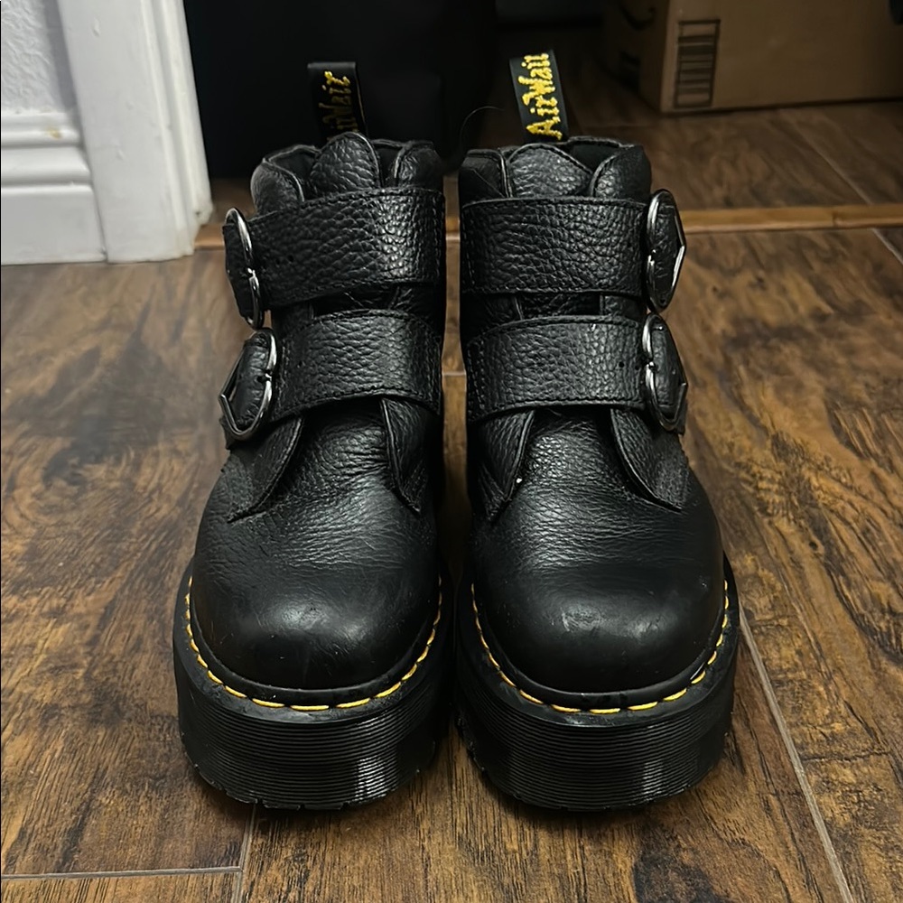 Dr Martens Black Leather Platform Boots with Heart Buckles